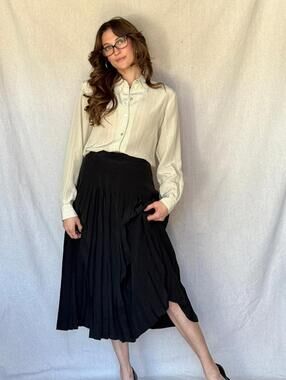 70s St. Martin Black Silk Pleated Midi Skirt
